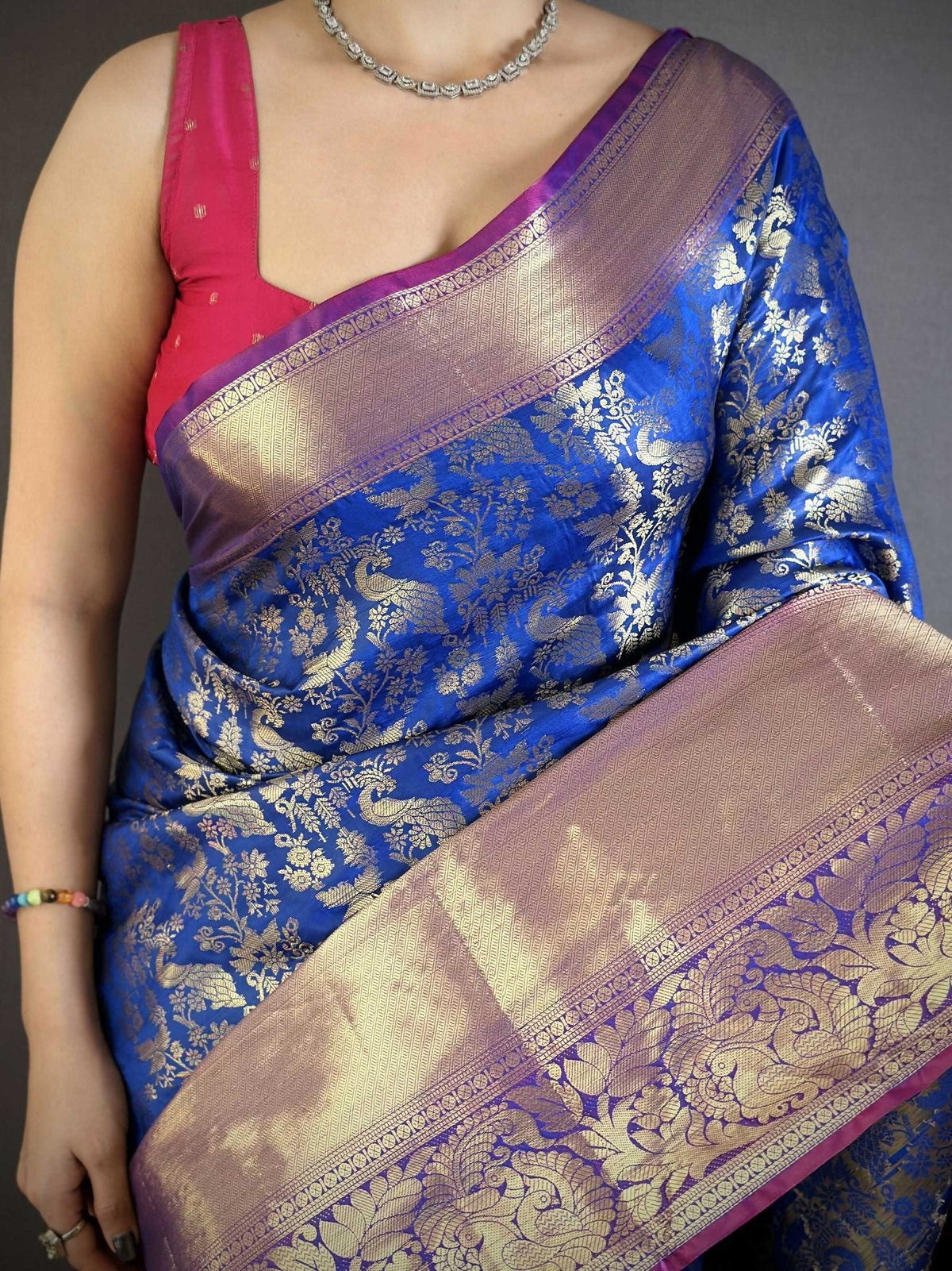 Prime Volt Pure Handloom Kanjivaram Katan Silk Saree with Antique Zari & Contrast Pallu-Royal Blue | Grocsy