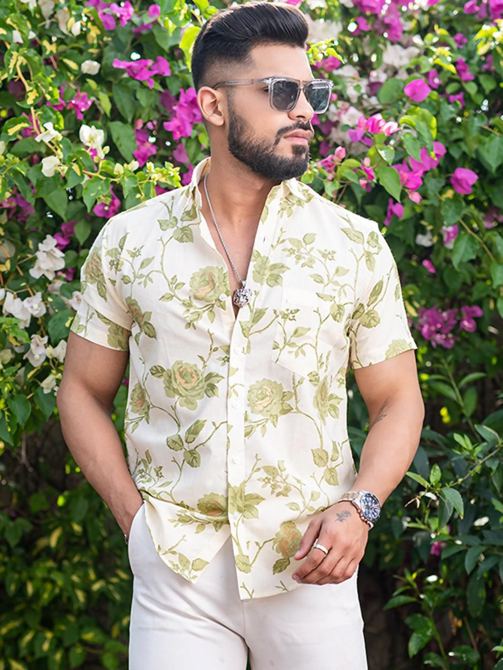 Miravan Men's Tea Green Floral Printed Half Sleeve Slim Fit shirt | Grocsy