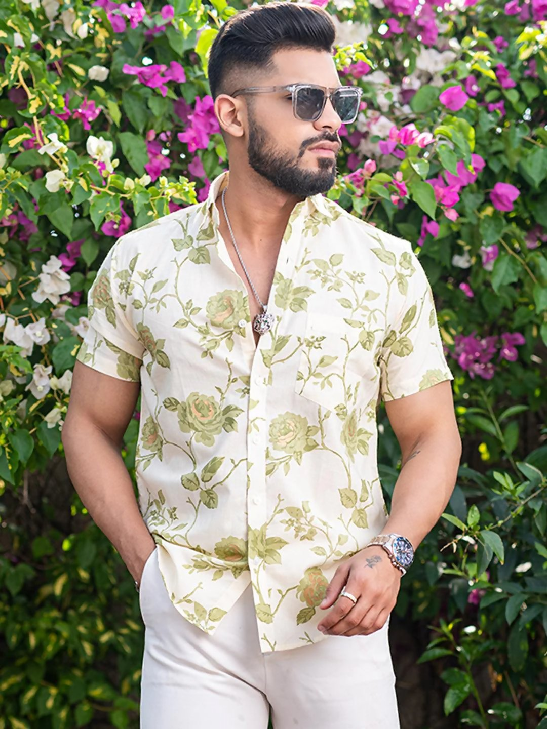 Miravan Men's Tea Green Floral Printed Half Sleeve Slim Fit shirt | Grocsy