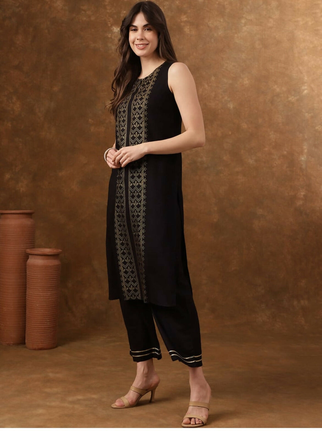 Cheera Women Stylish Hand Block Printed Cotton Blend Flared Kurta - Black | Grocsy