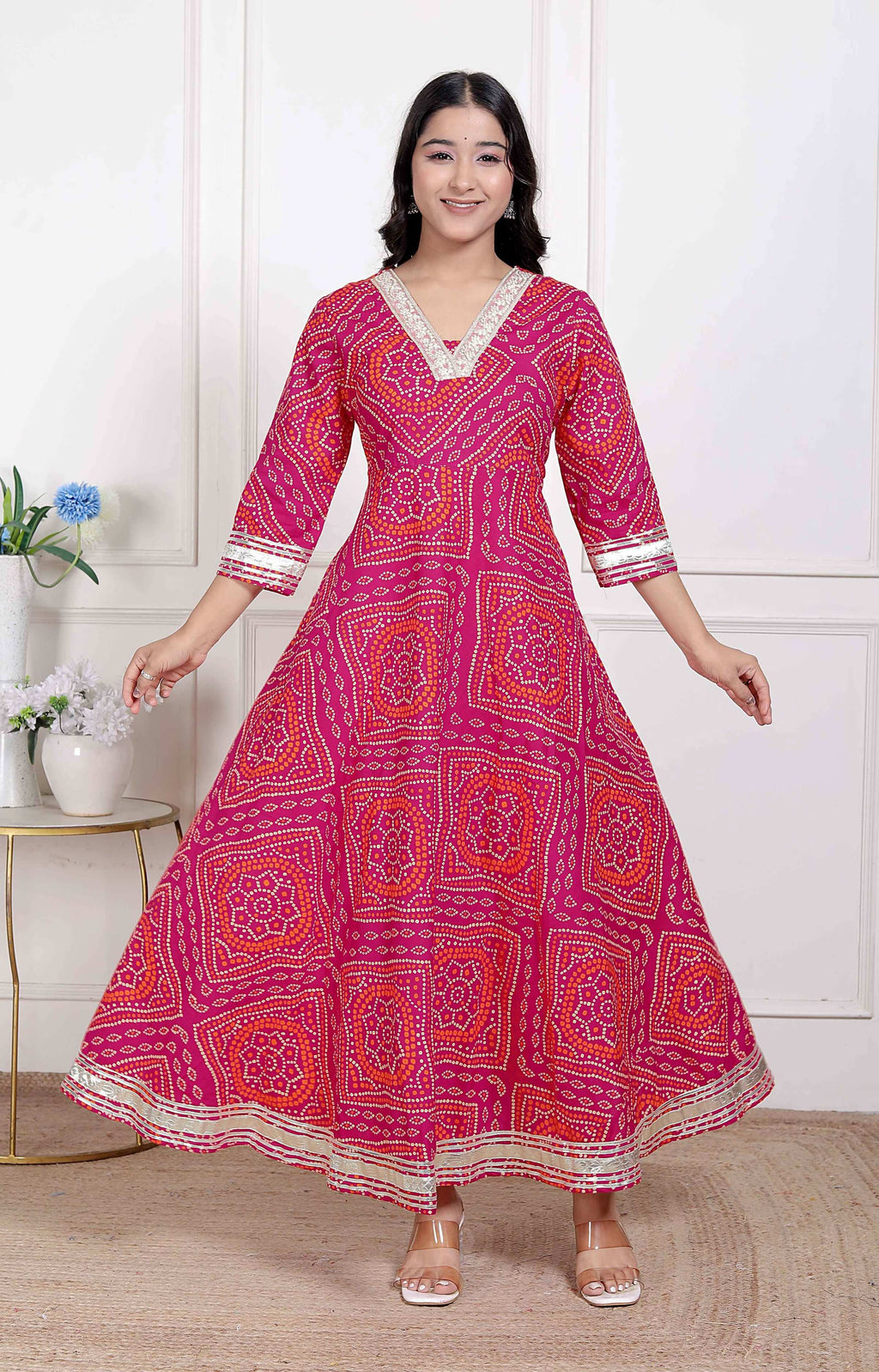Miravan Women's Pink Cotton Bandhani Ethnic Anarkali Kurta | Grocsy