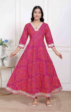 Miravan Women's Pink Cotton Bandhani Ethnic Anarkali Kurta | Grocsy