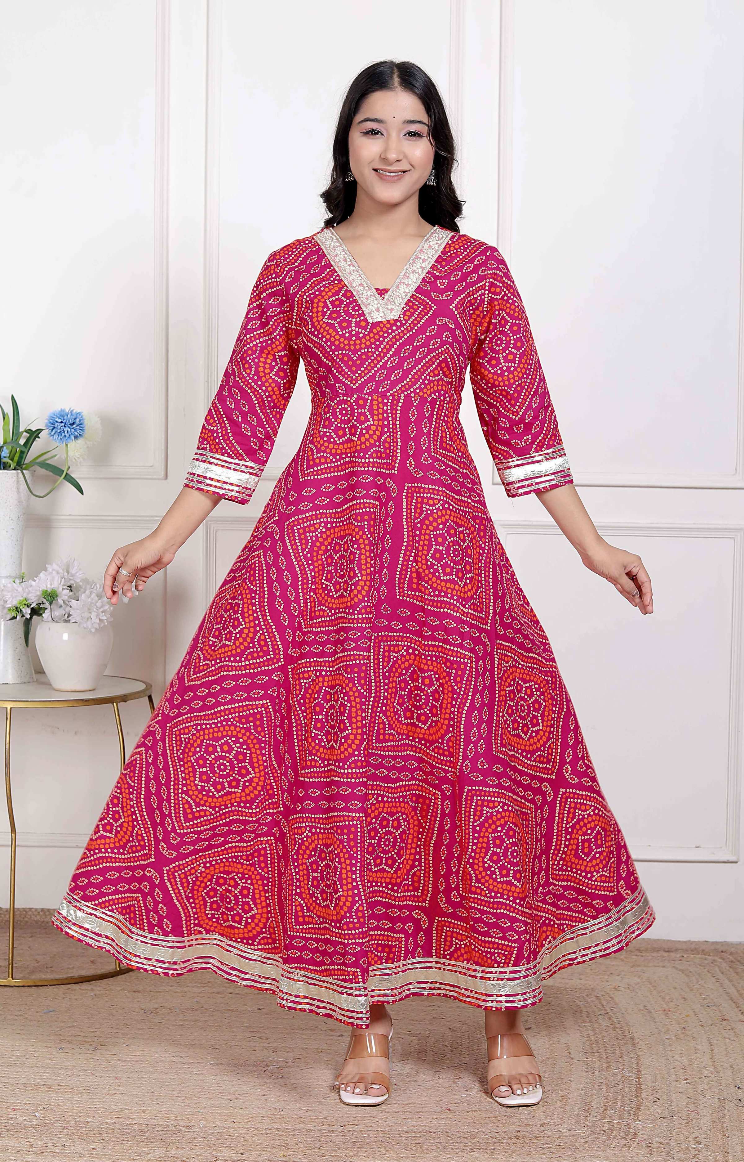 Miravan Women's Pink Cotton Bandhani Ethnic Anarkali Kurta | Grocsy