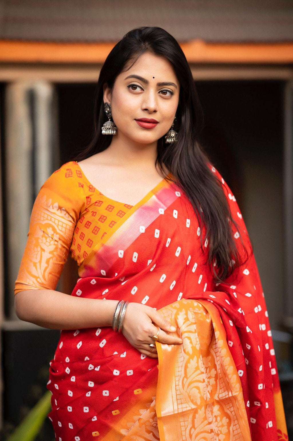 Red Jute Silk Printed Saree with Unstitched Blouse - Hiral Fashion | Grocsy