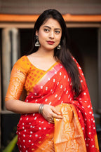 Red Jute Silk Printed Saree with Unstitched Blouse - Hiral Fashion | Grocsy