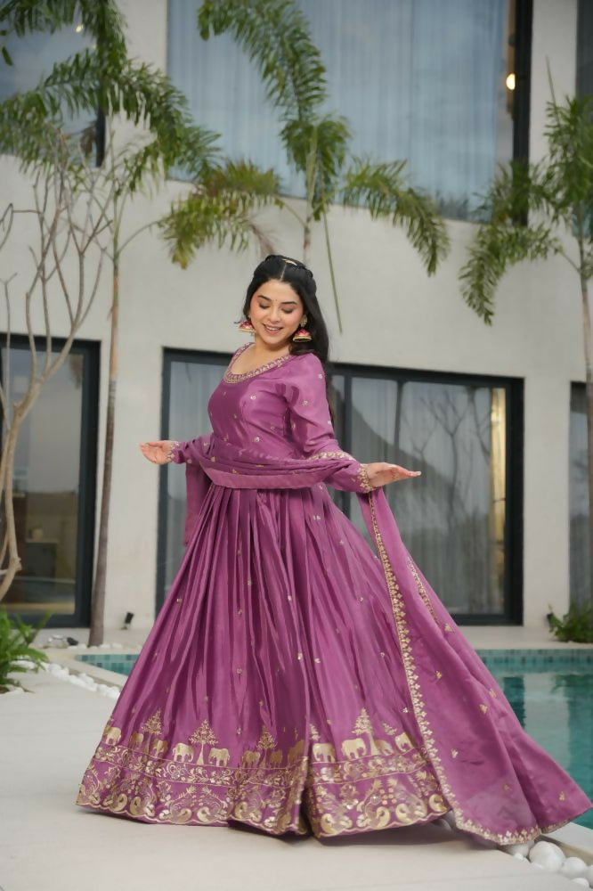Vastranavya Lavender Chinnon with Embroidery Zari Sequins Work Gown | Grocsy