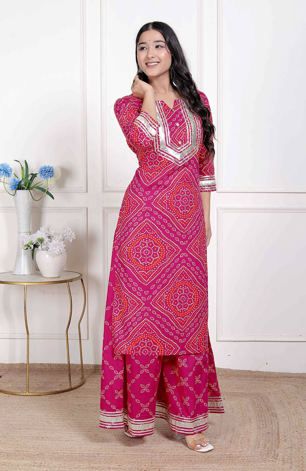 Miravan Women's Pink Bandhani Printed Straight Kurta with Palazzo & Dupatta | Grocsy
