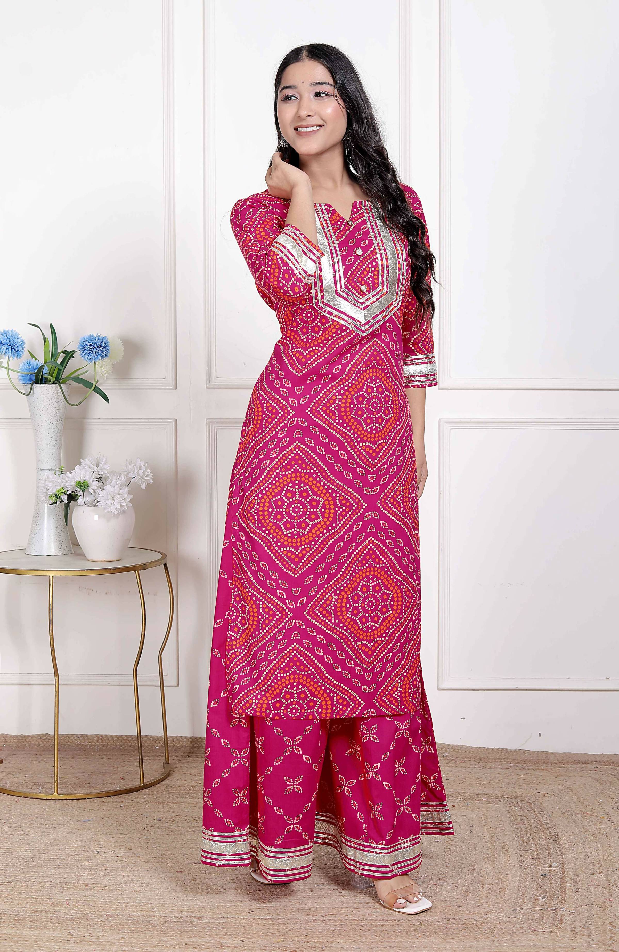 Miravan Women's Pink Bandhani Printed Straight Kurta with Palazzo & Dupatta | Grocsy