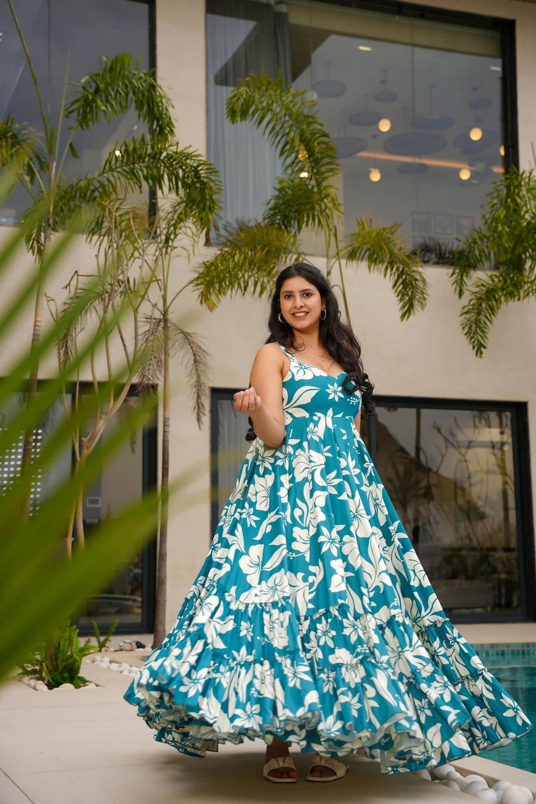 The52 Women's Gorgeous Flared Partywear Designer Poly Rayon Gown-Sky | Grocsy