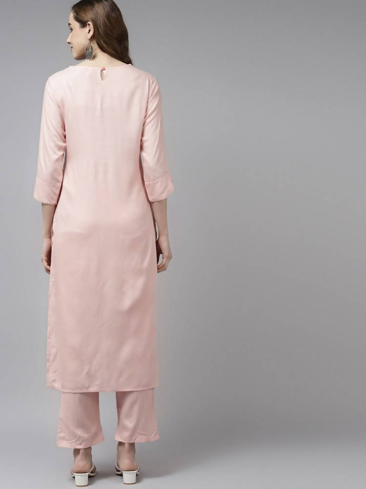 Yufta Women Pink Ethnic Motifs Yoke Design Thread Work Kurta with Palazzo | Grocsy
