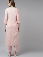 Yufta Women Pink Ethnic Motifs Yoke Design Thread Work Kurta with Palazzo | Grocsy