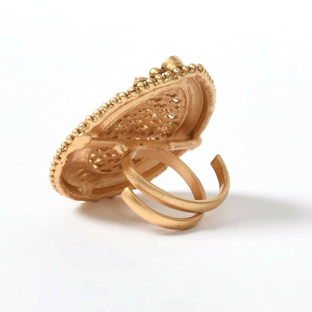 Mominos Fashion Joharkamal Gold-Polished Stone Studded Adjustable Finger Ring - Design 07 | Grocsy