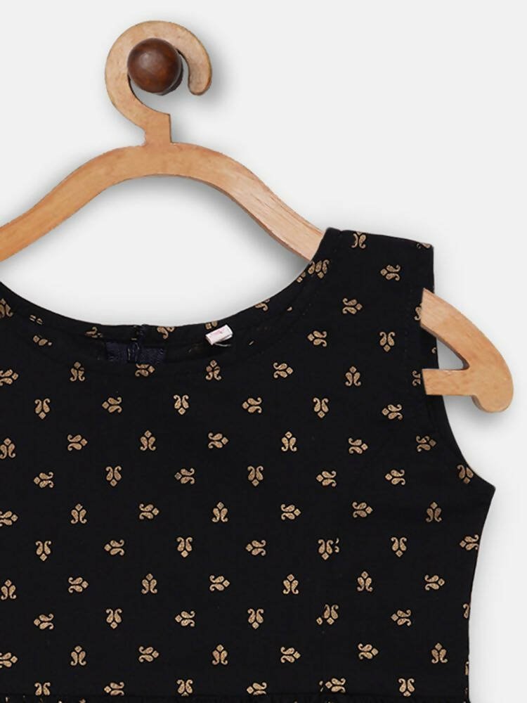Ahalyaa Black Cotton Gold Print Kids Kurta Sharara Sets For Girls | Grocsy
