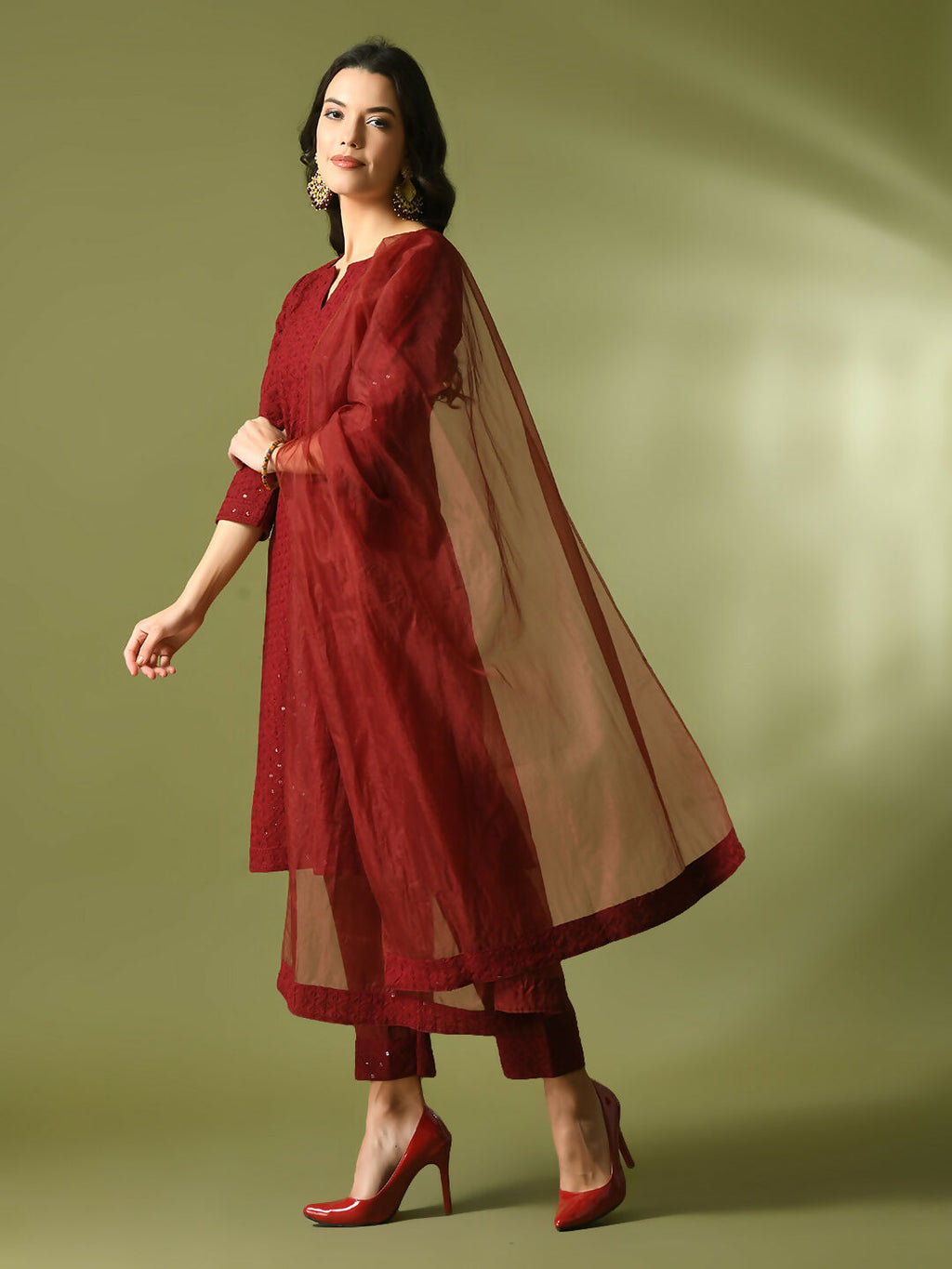 Myshka Women's Maroon Embroidered Cotton Straight Party Kurta Set With Dupatta | Grocsy