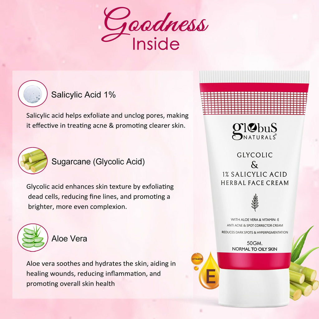 Globus Naturals Glycolic & 1% Salicylic Acid Herbal Anti Acne Face Cream | Grocsy