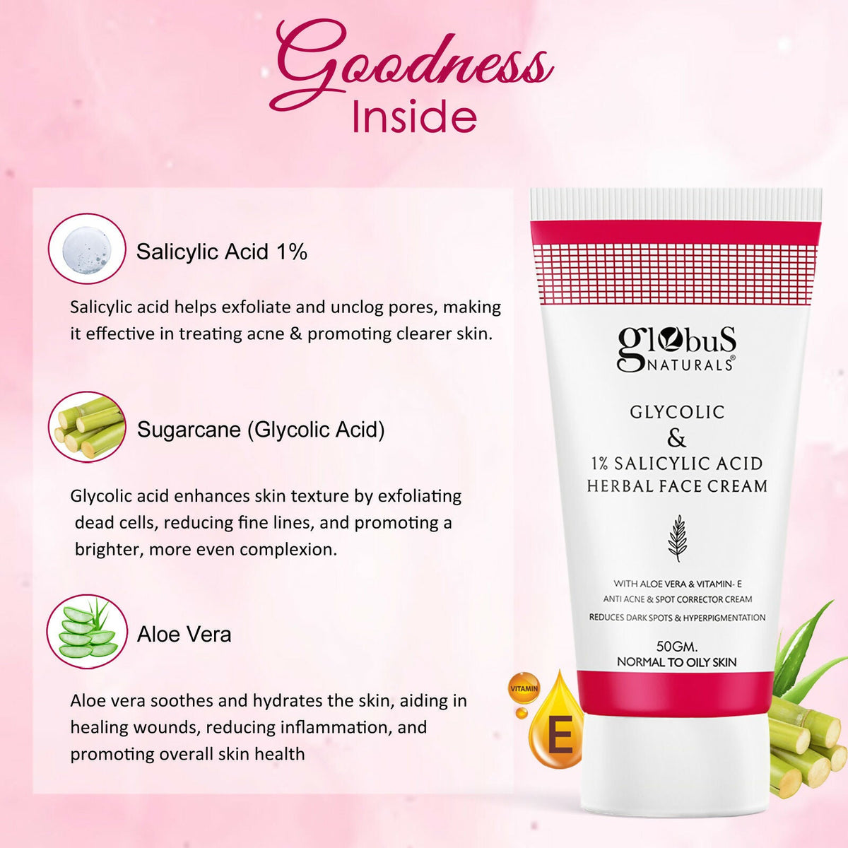 Globus Naturals Glycolic & 1% Salicylic Acid Herbal Anti Acne Face Cream | Grocsy