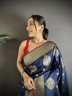 Joban Fashion Navy Blue Woven Butti Soft Silk Banarasi Silk Saree | Grocsy