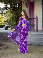 Vastranavya Purple Chiffon Floral Printed & Pearl Lace Border Saree with Unstitched Blouse | Grocsy