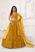 Eilara Women'S Mustard Yellow Butterfly Net With Tone Thread Work And Sandwich Embroidered Work Lehenga Choli For Wedding | Grocsy