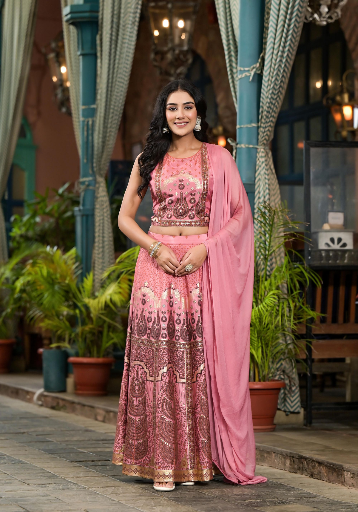 Juniper Women's Pink Ethnic Motif Printed Lehenga Set With Sequins & Gota Patti | Grocsy