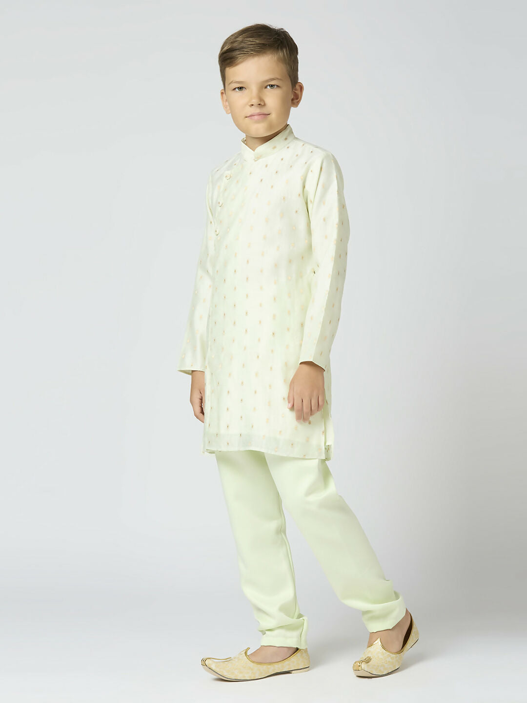 Joban Fashion Kids Island Full Sleeves Chanderi Kurta, Pyjama Set with Traditional Butta Work - Pista | Grocsy