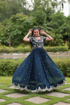 Vastranavya Premium Designer Faux Blooming with Coding Sequins Embroidery work Gown - Teal | Grocsy