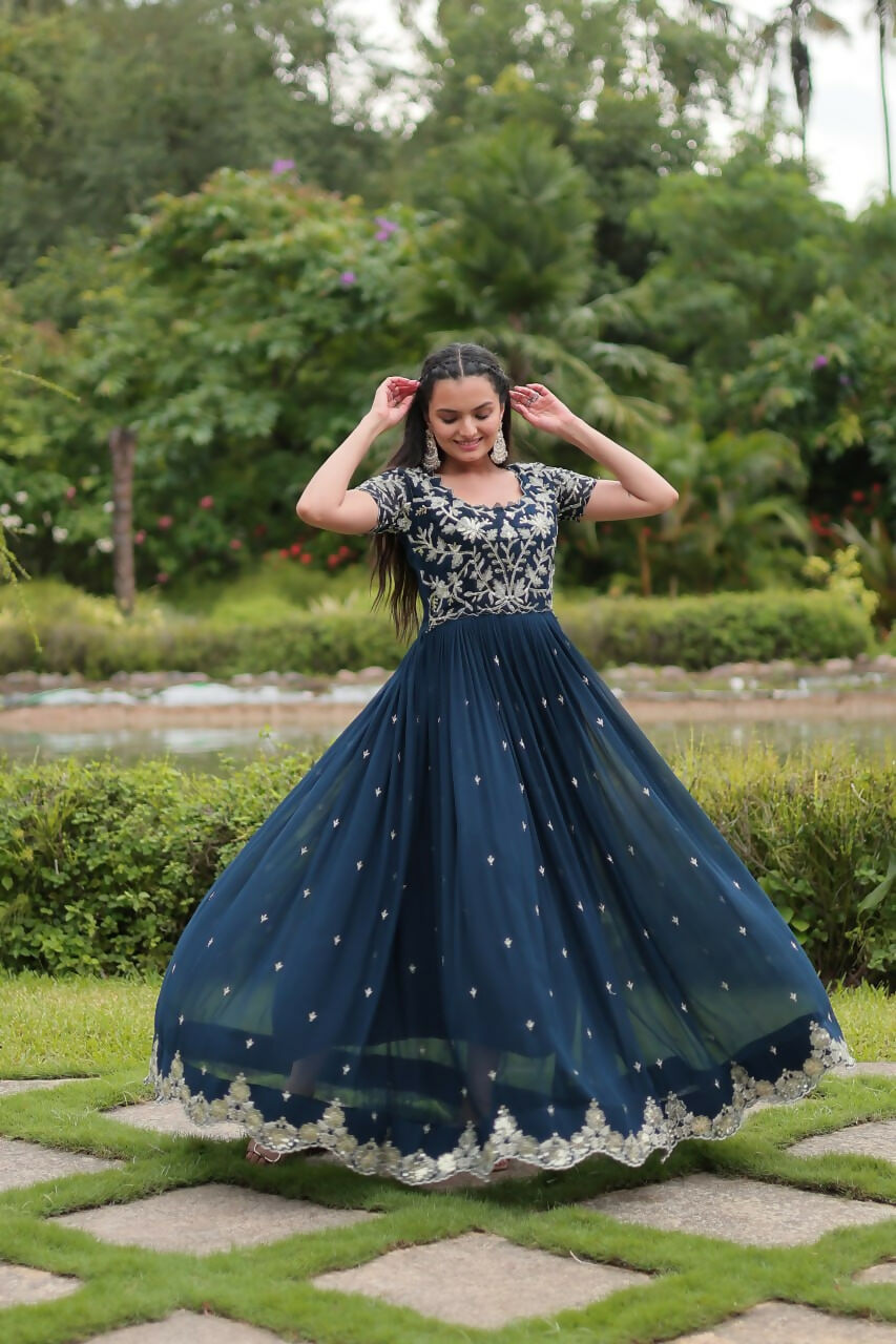 Vastranavya Premium Designer Faux Blooming with Coding Sequins Embroidery work Gown - Teal | Grocsy