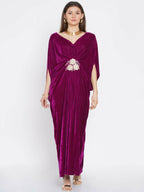 Women Republic Wine Velvet Embroiderd Gown | Grocsy