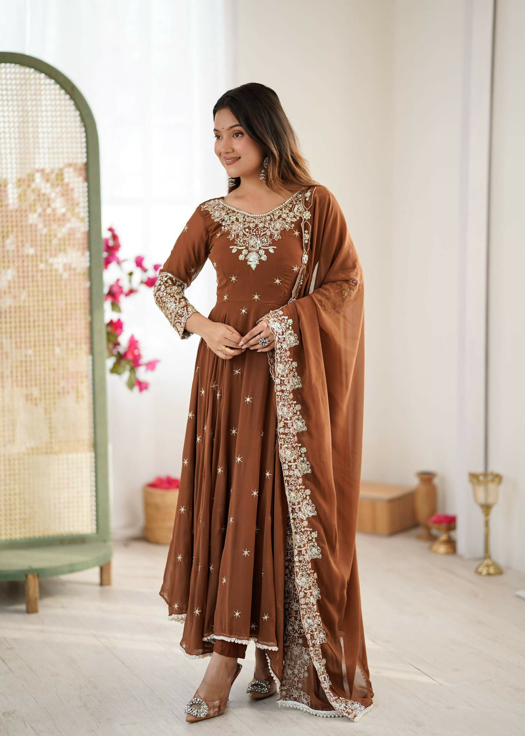 Teeya Creation Browm Color Faux georgette Embroidery Work Wedding Wear Gown | Grocsy