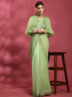 Green Fancy Pure Fabric Plain Ready to wear Saree with stitched Blouse - Vrinda | Grocsy