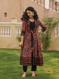 Juniper Women's The Mahautsavam Black Ethnic Motif Printed Muslin Shrug Inner & Pant Set With Thread & Mirror Work | Grocsy