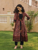 Juniper Women's The Mahautsavam Black Ethnic Motif Printed Muslin Shrug Inner & Pant Set With Thread & Mirror Work | Grocsy