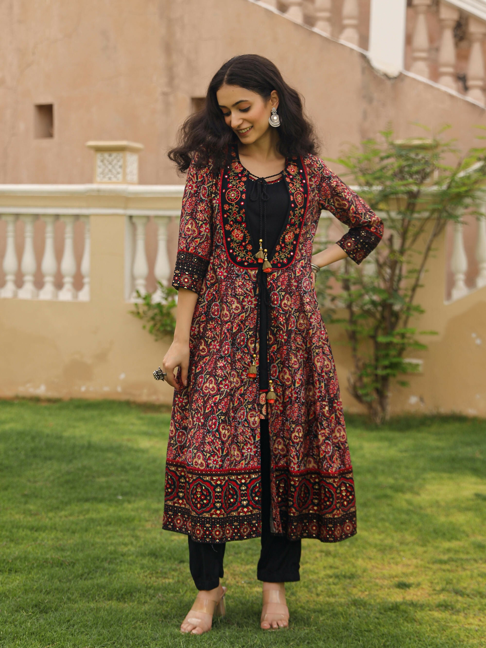 Juniper Women's The Mahautsavam Black Ethnic Motif Printed Muslin Shrug Inner & Pant Set With Thread & Mirror Work | Grocsy