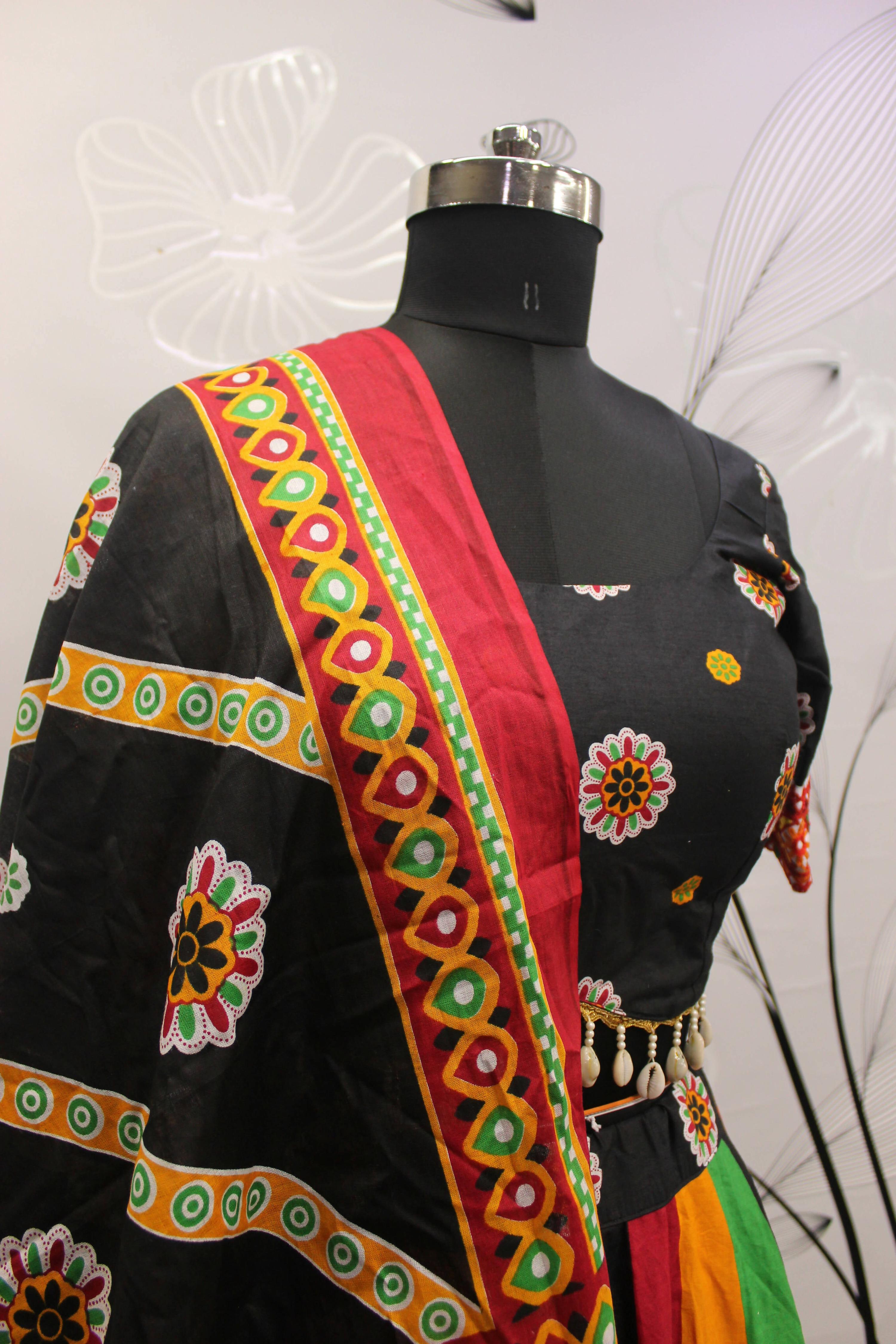 Multi Color Pure Cotton Hand Block Print Navratri Lehenga Choli with Dupatta - Raas | Grocsy
