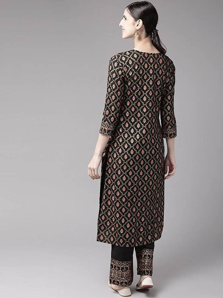 Yufta Women Black & Golden Handblock Printed Kurta with Trouser | Grocsy