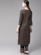 Yufta Women Black & Golden Handblock Printed Kurta with Trouser | Grocsy