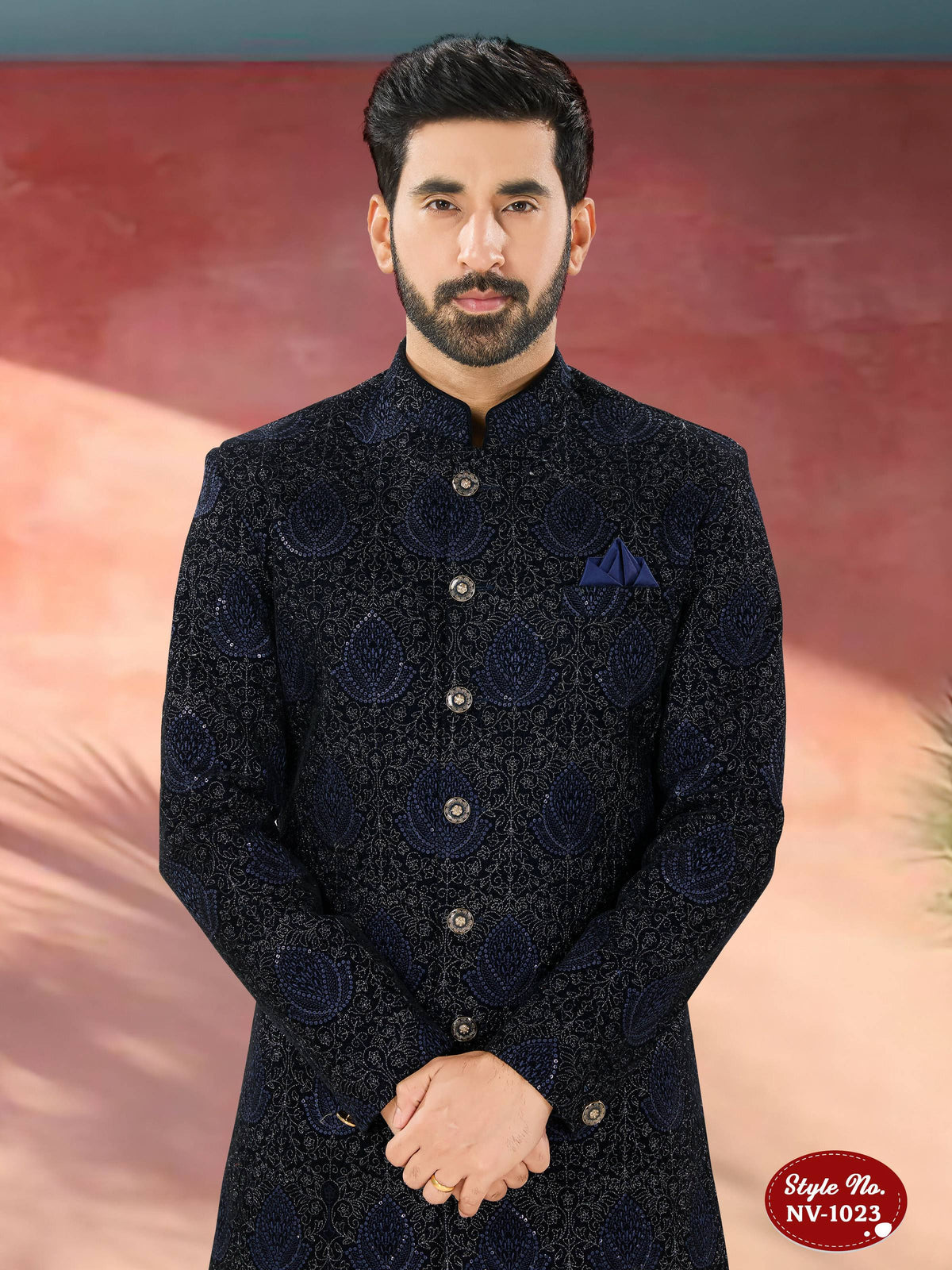Joban Fashion Men's Blue Base Straight Velvet Thread And Sequence Embroidary All Over Indo-Western Kurta Set | Grocsy