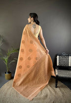 Joban Fashion Orange Floral & Paisley Linen Silk Banarasi Saree | Grocsy