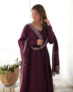Teeya Creation Wine Color Pure Roman Silk Chanderi Party Wear Fully Stitched Gown | Grocsy