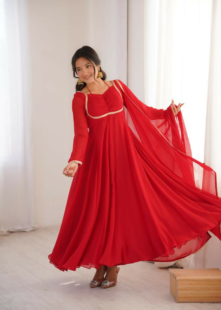 The52 Women's Gorgeous Solid Fox Blooming Georgette Fabric Flared Anarkali and Dupatta Set-Red | Grocsy
