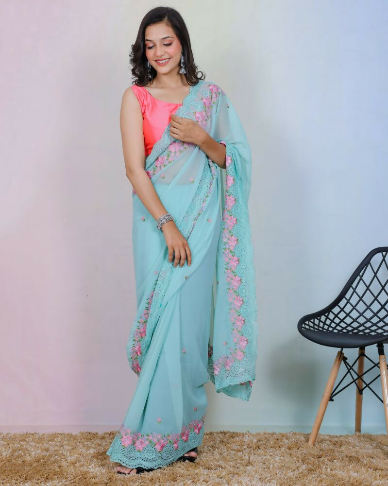 Vamsee Rashmika Blue Georgette Saree | Grocsy