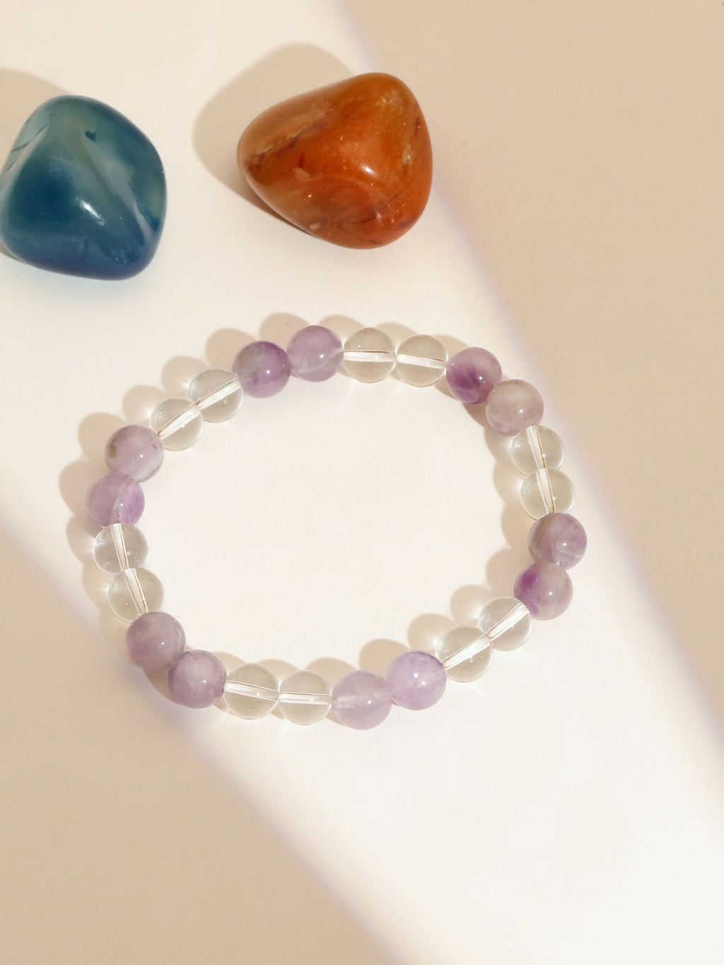 Clear Quartz and Amethyst White and Grey Beads Elastic Bracelet - Ruby Raang | Grocsy