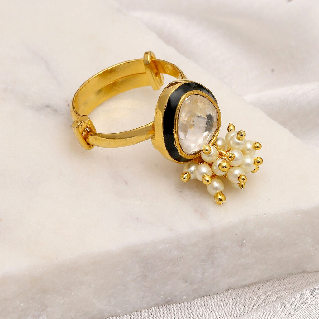 Kundan Ring with Pearls (Gold) - Ruby Raang | Grocsy
