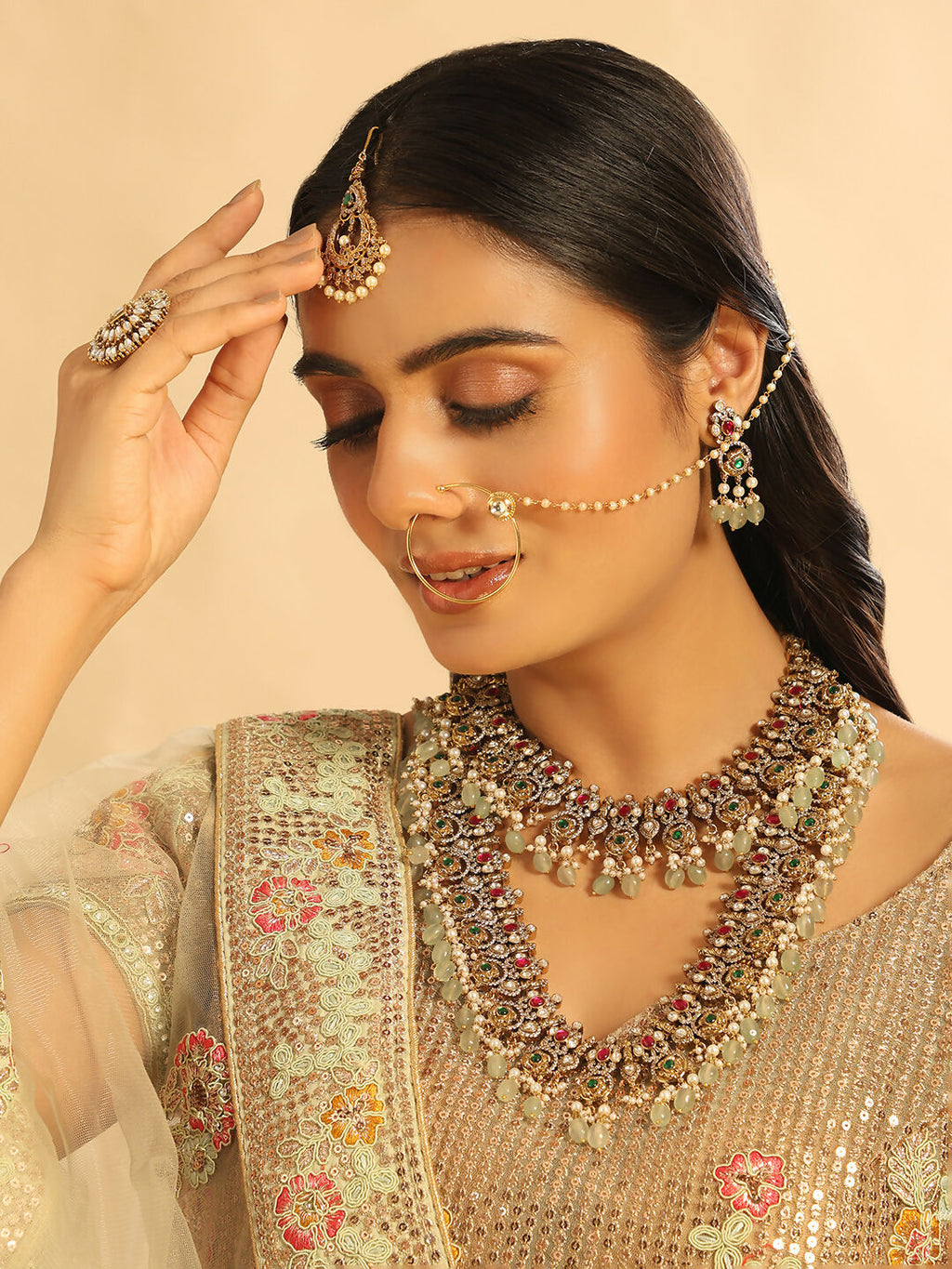Nuyug 18K Gold Plated Divine Gold Tone Beaded Long Necklace Set | Grocsy