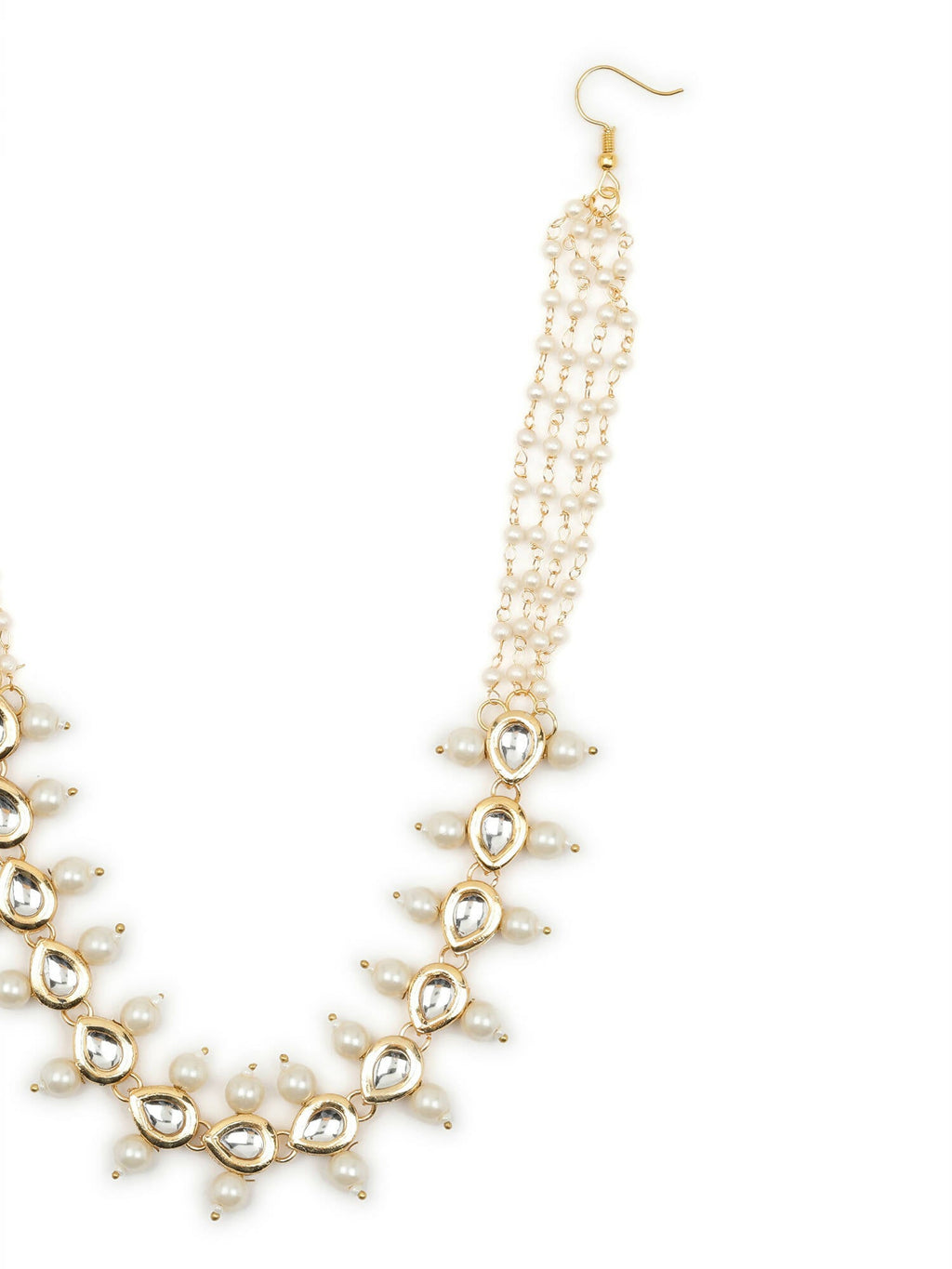 Gold-Polished White Kundan-Studded Pearl Beaded Hair Band - Ruby Raang | Grocsy