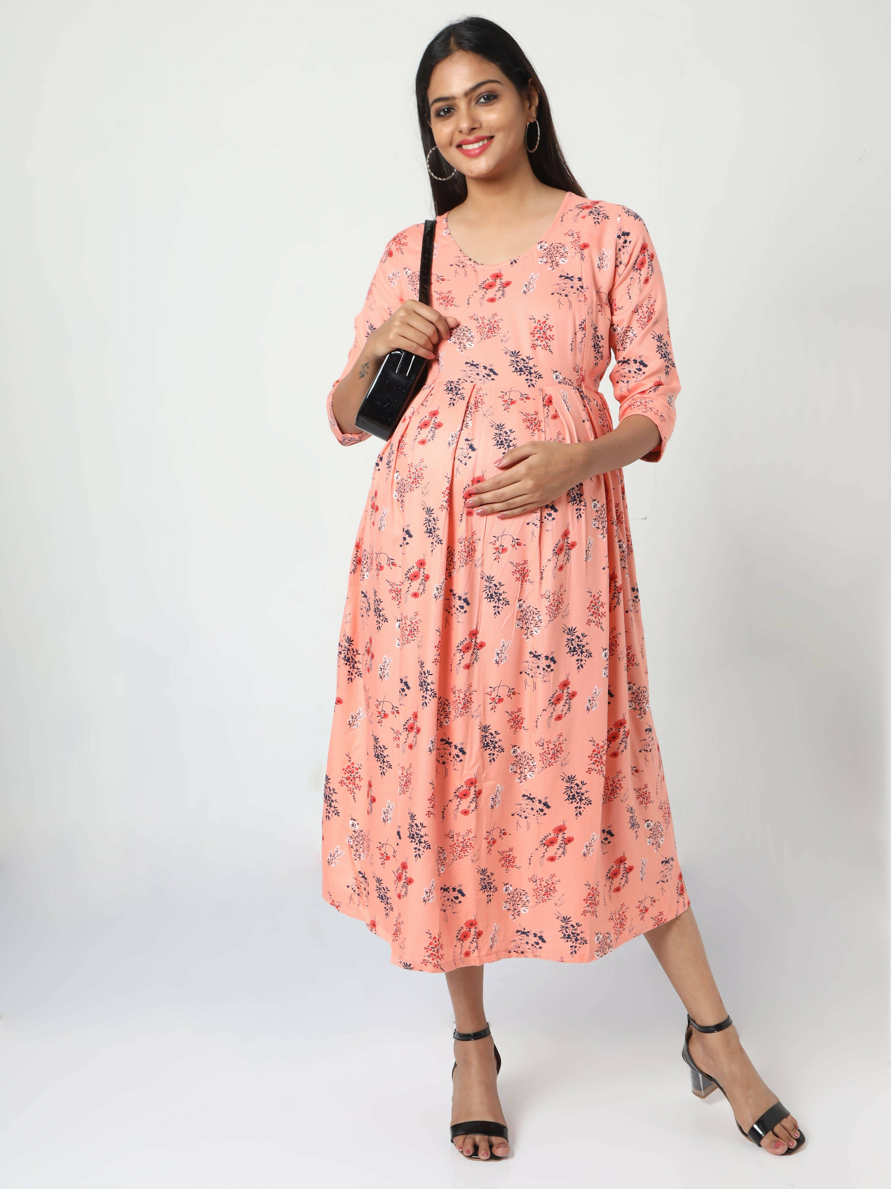 Manet Three Fourth Maternity Dress Floral Print With Concealed Zipper Nursing Access - Orange | Grocsy