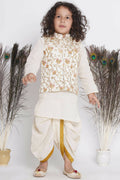 Little Bansi Banarsi Silk Orange Pink Floral Embroidery Jacket With Cotton Kantha kurta And Kantha Dhoti - Cream | Grocsy