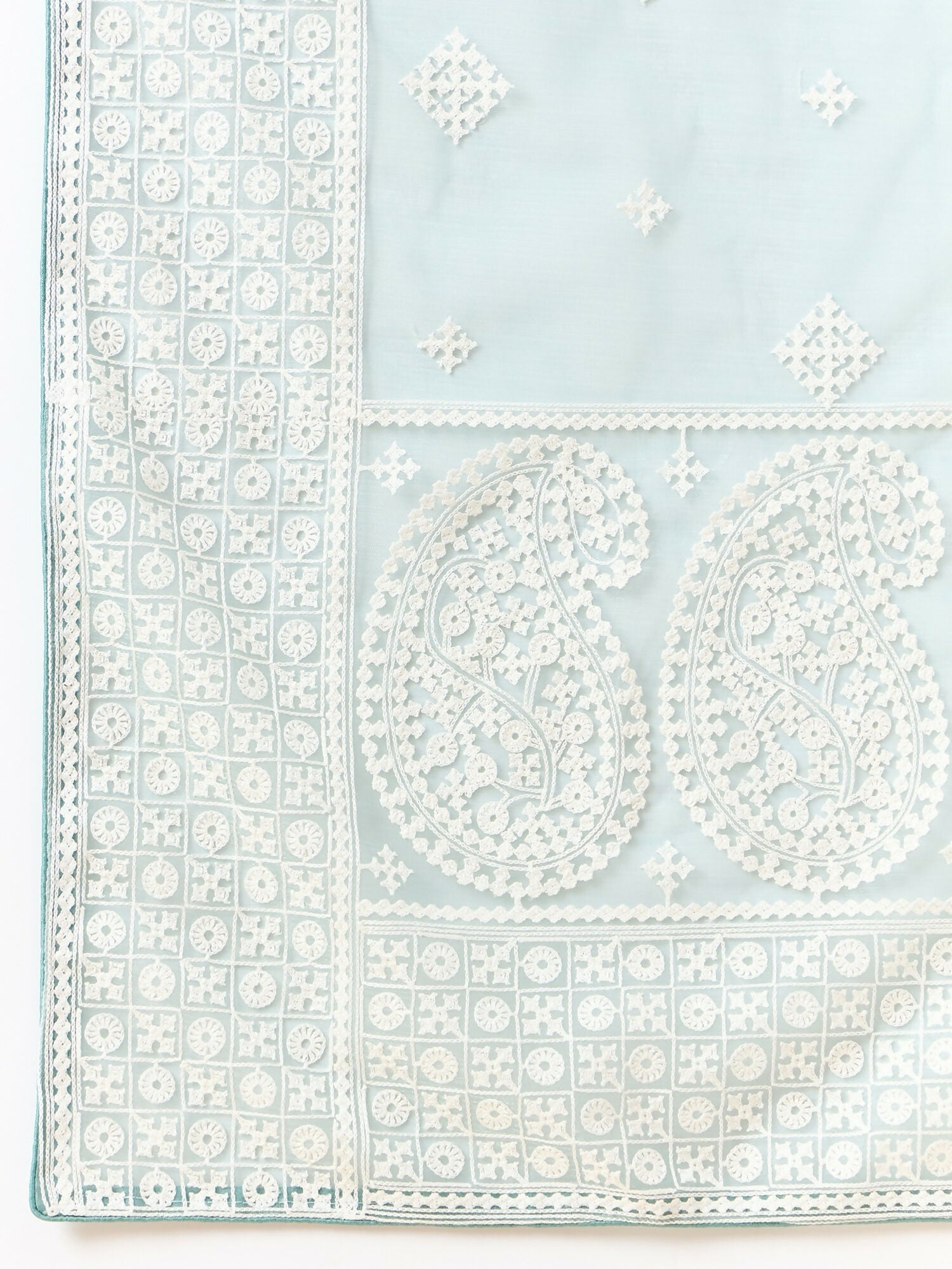 Blue Organza Geometric Embroidered Saree with Unstitched Blouse Piece - Roozal | Grocsy
