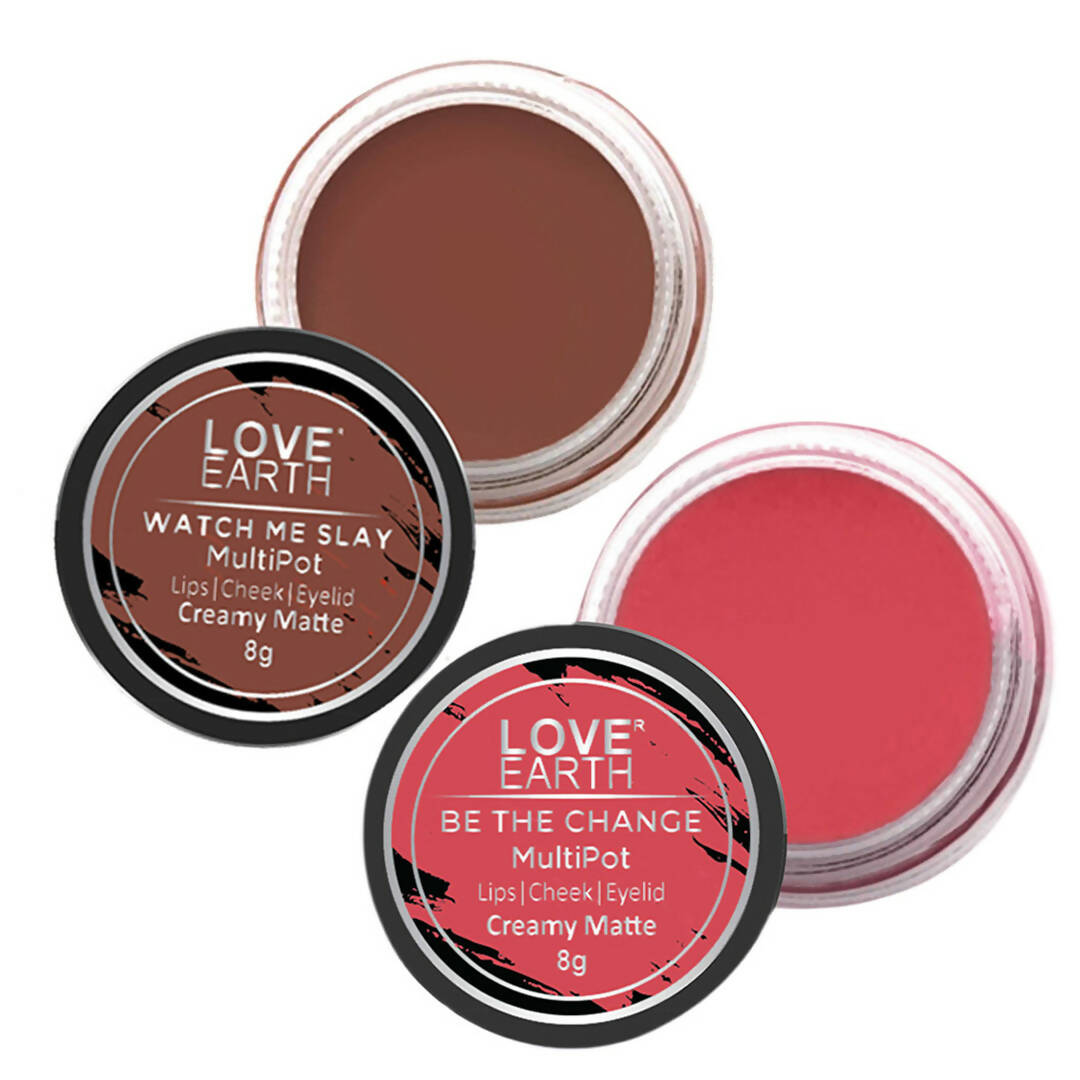 Love Earth Lip Tint & Cheek Tint Multipot Combo (Rose Pink & Caramel Brown) | Grocsy
