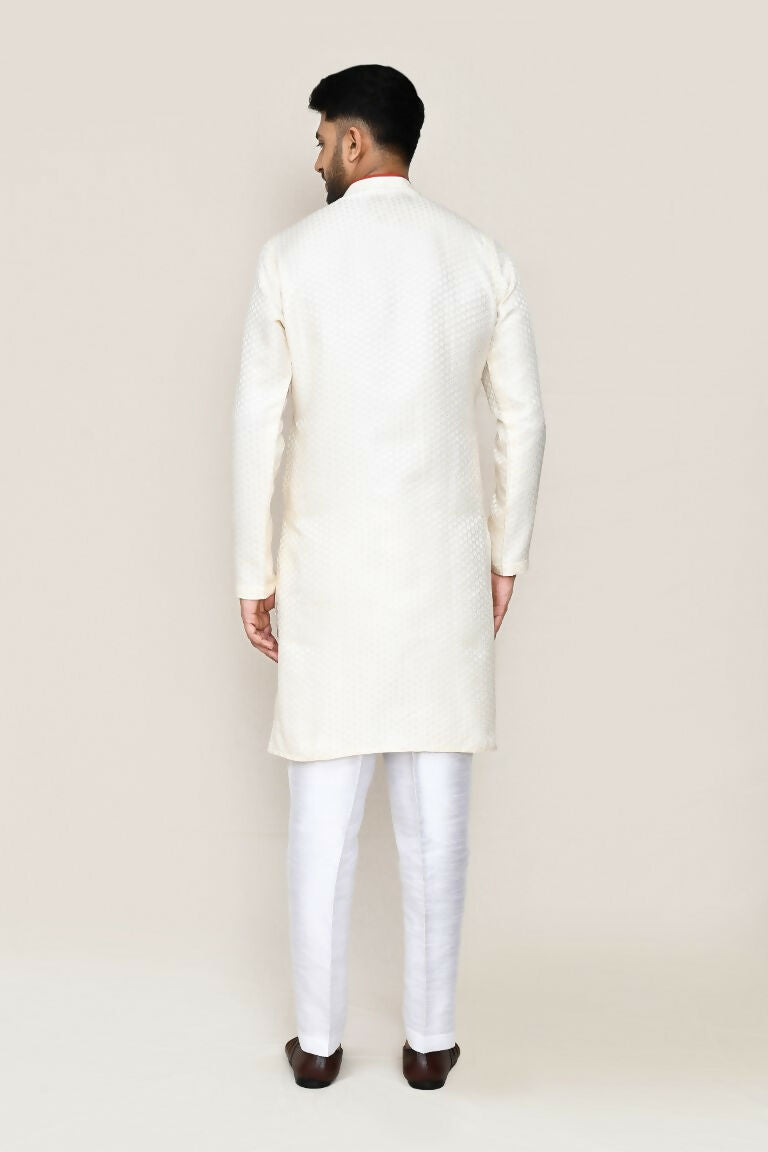 Joban Fashion Cream Colored Jacquard Fabric Kurta With Straight Fit Pant | Grocsy